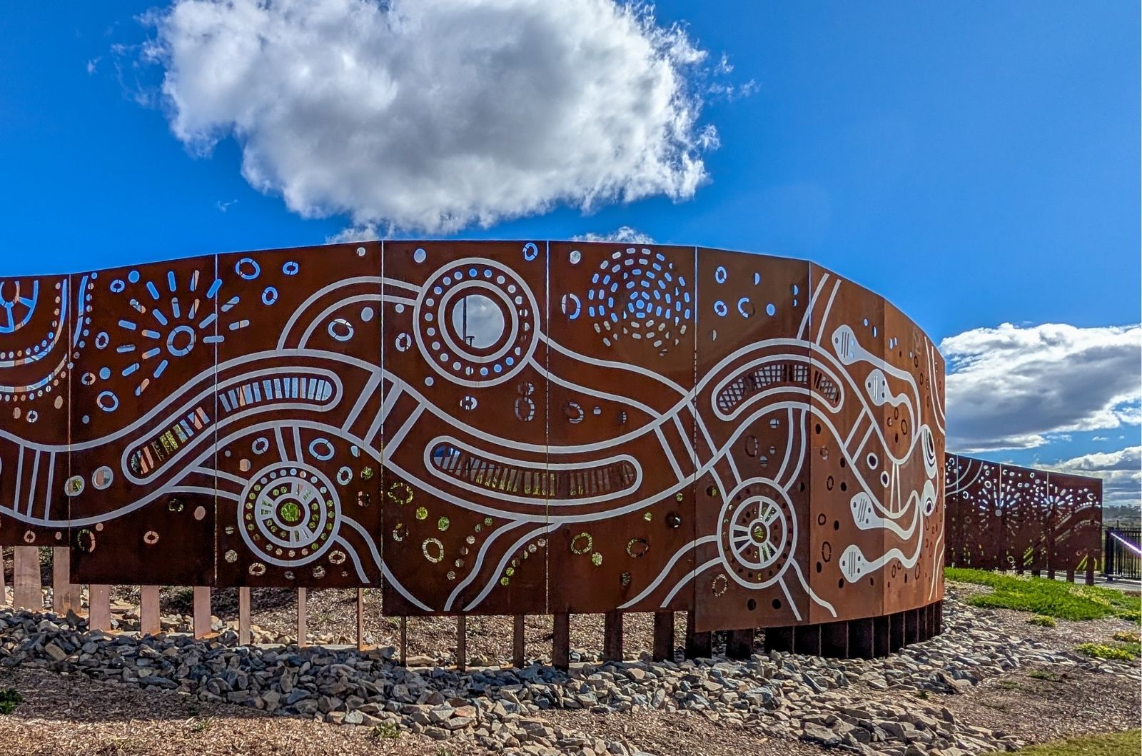 Close up, zoomed in shot of a section of the screen panels on site demonstrating First Nations Artwork