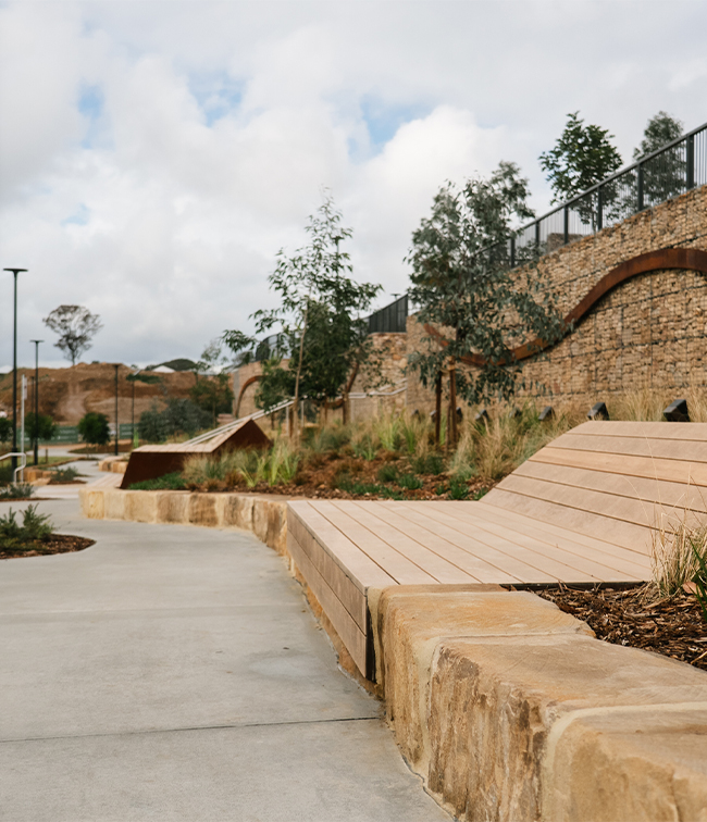 Image of public wooden seating with the pathways, garden beds, planted trees. Behind the chair as the main focus is the gabion wall with ribbon trim